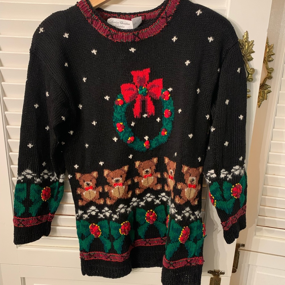 Marisa Christina Black Holiday Teddy Bear Wreath Sweater